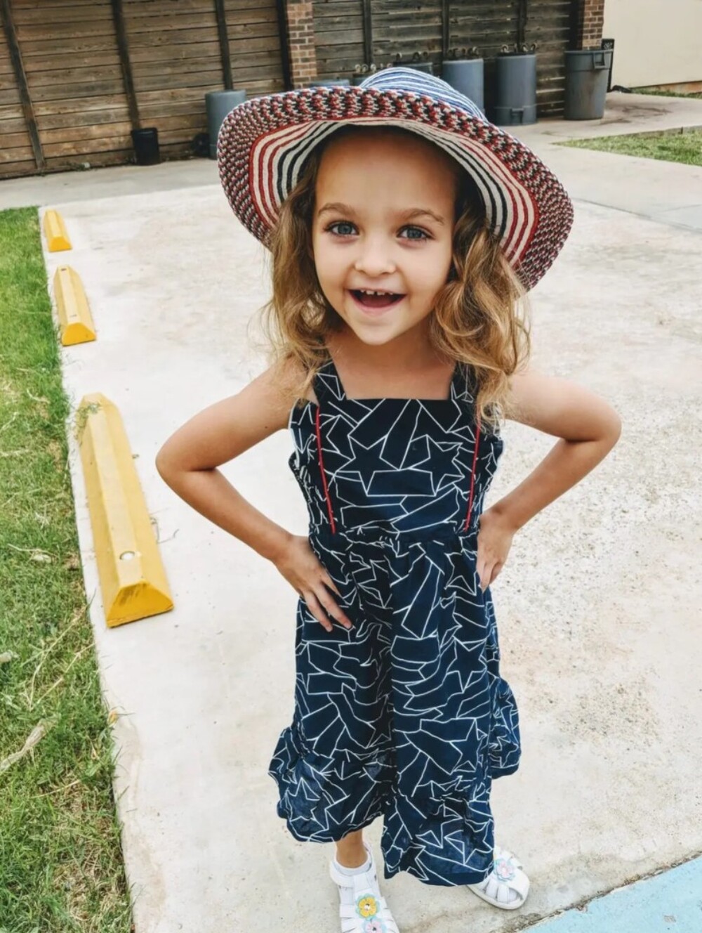 Fourth Of July Dress with White Star Outline 2T Red Piping Ruffle Smocked Back